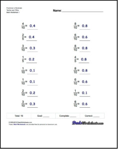 Fractions As Decimals For Fractions To Decimals Tenths And Fifths