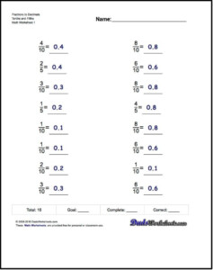 Fractions As Decimals For Fractions To Decimals Tenths And Fifths