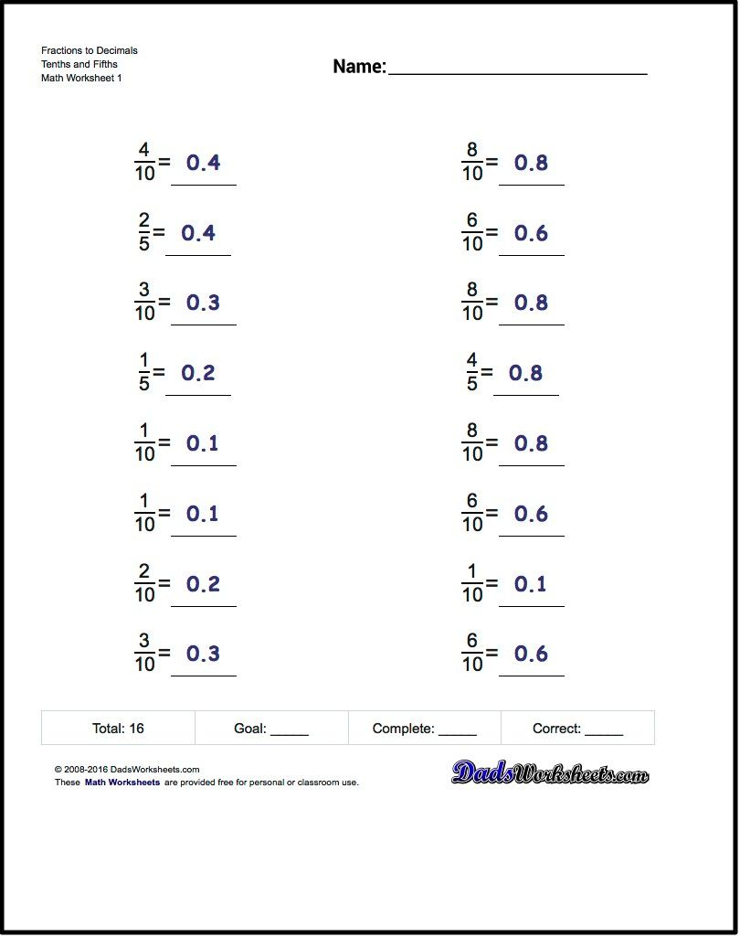 Decimal To Fraction Worksheet With Answers