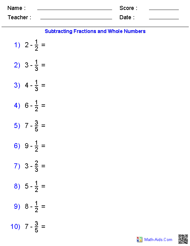 Subtracting Fractions And Whole Numbers Worksheets