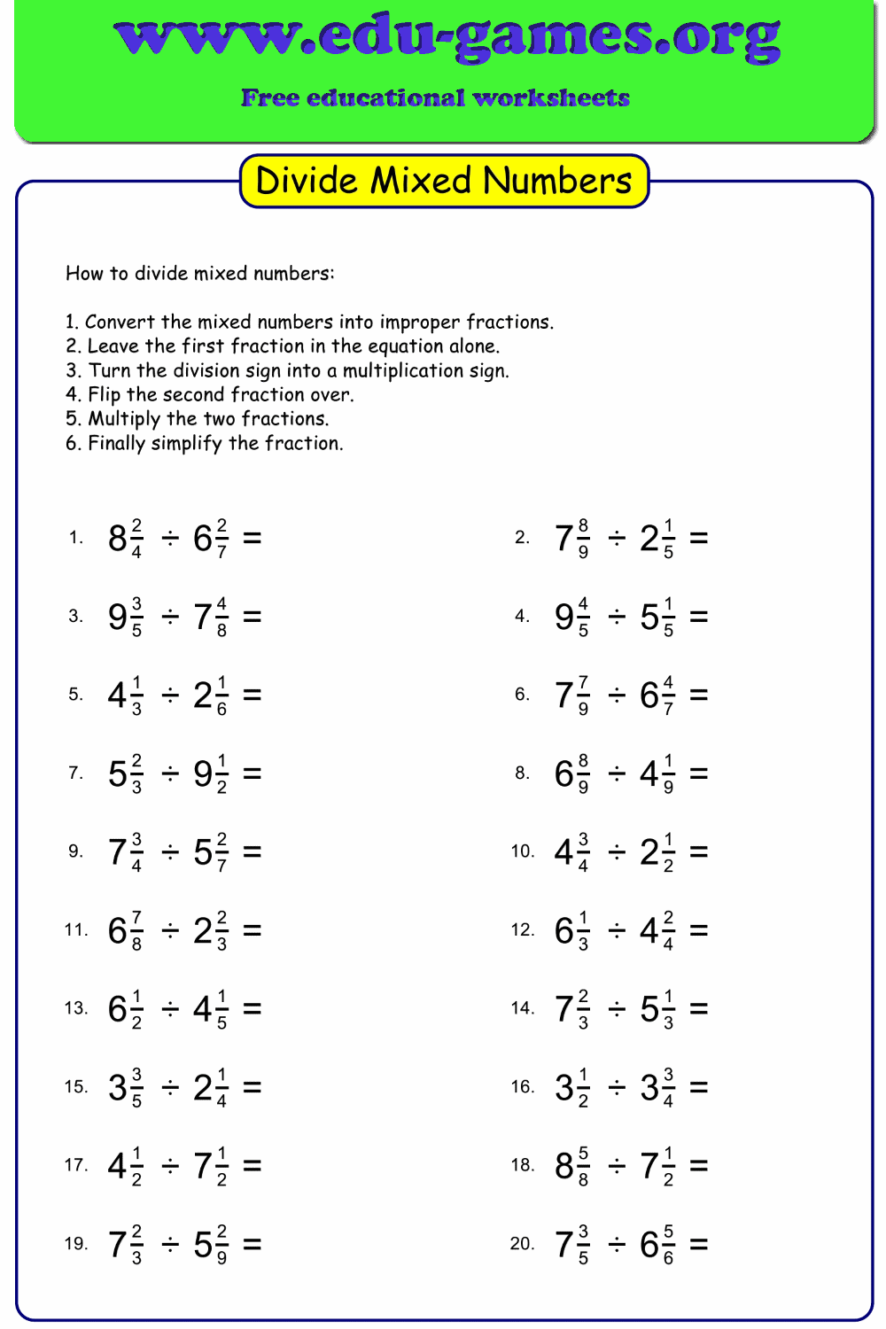 Multiplication And Division Of Fractions And Mixed Numbers Worksheets