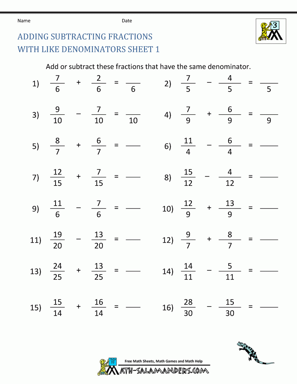 Add And Subtract Fractions With The Same Denominator Worksheet