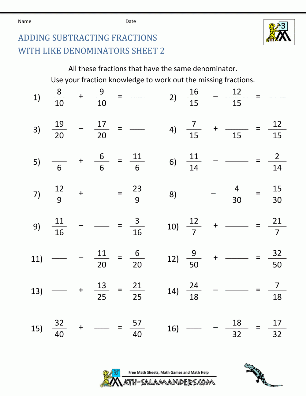 Fraction Addition And Subtraction Worksheets