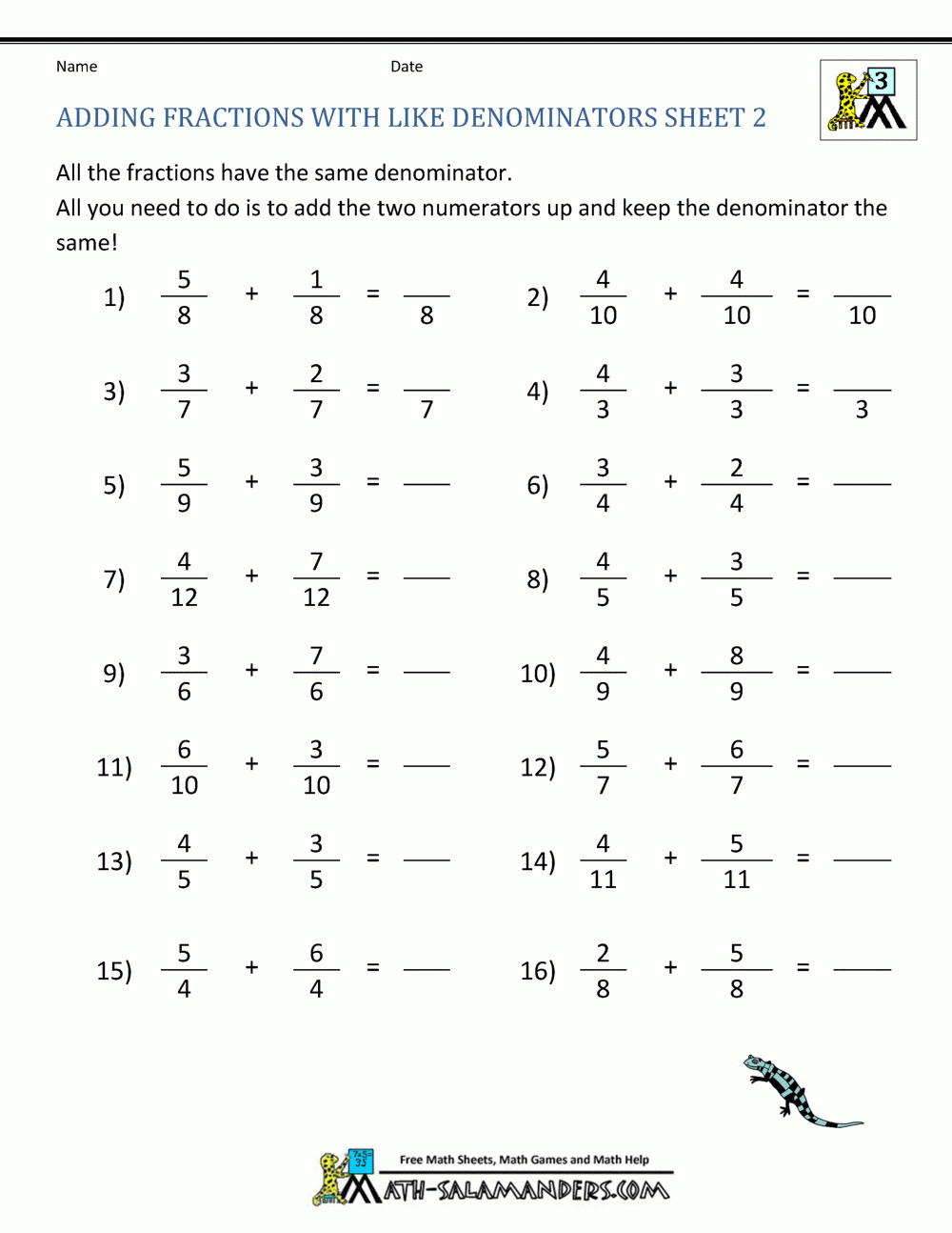 Add And Subtract Fractions With Like And Unlike Denominators Worksheets