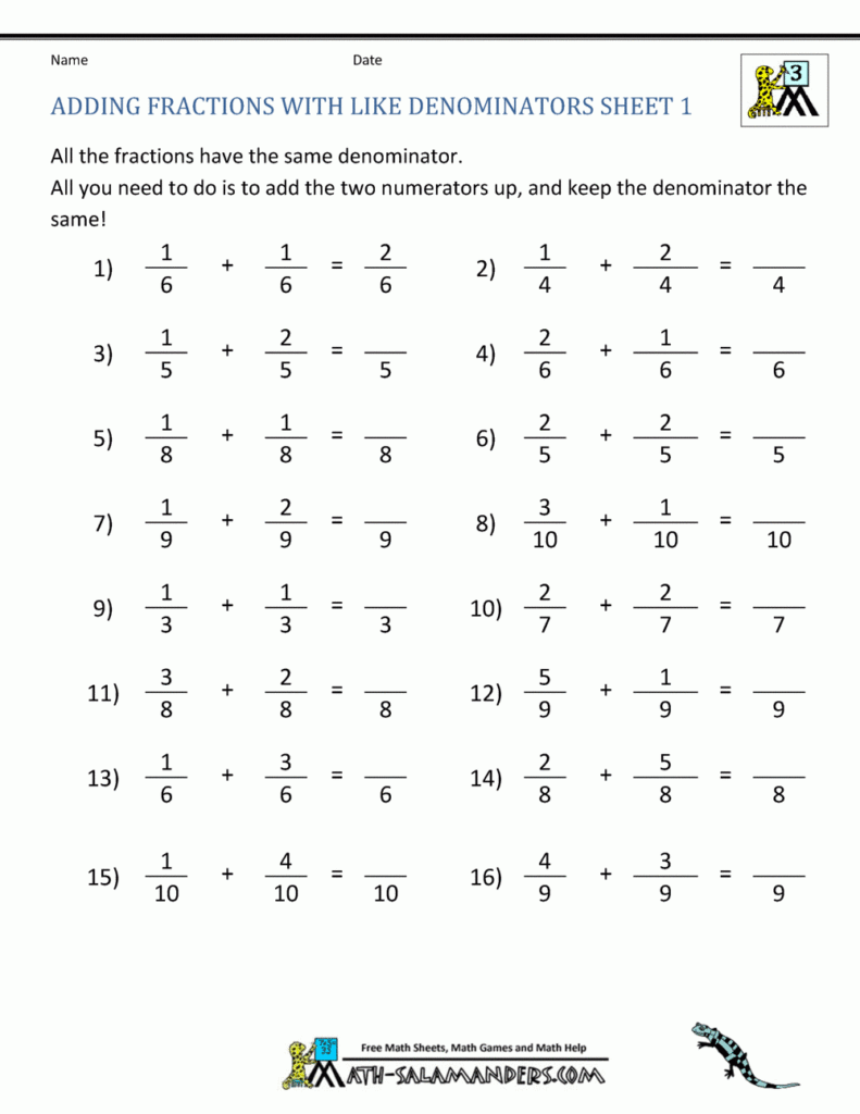 Free Fraction Worksheets Adding Subtracting Fractions