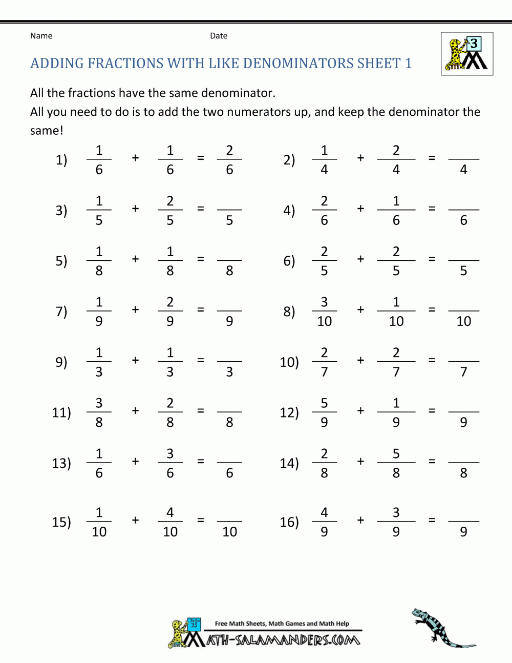 Adding Fractions Worksheet Pdf