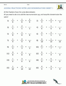 Free Fraction Worksheets Adding Subtracting Fractions