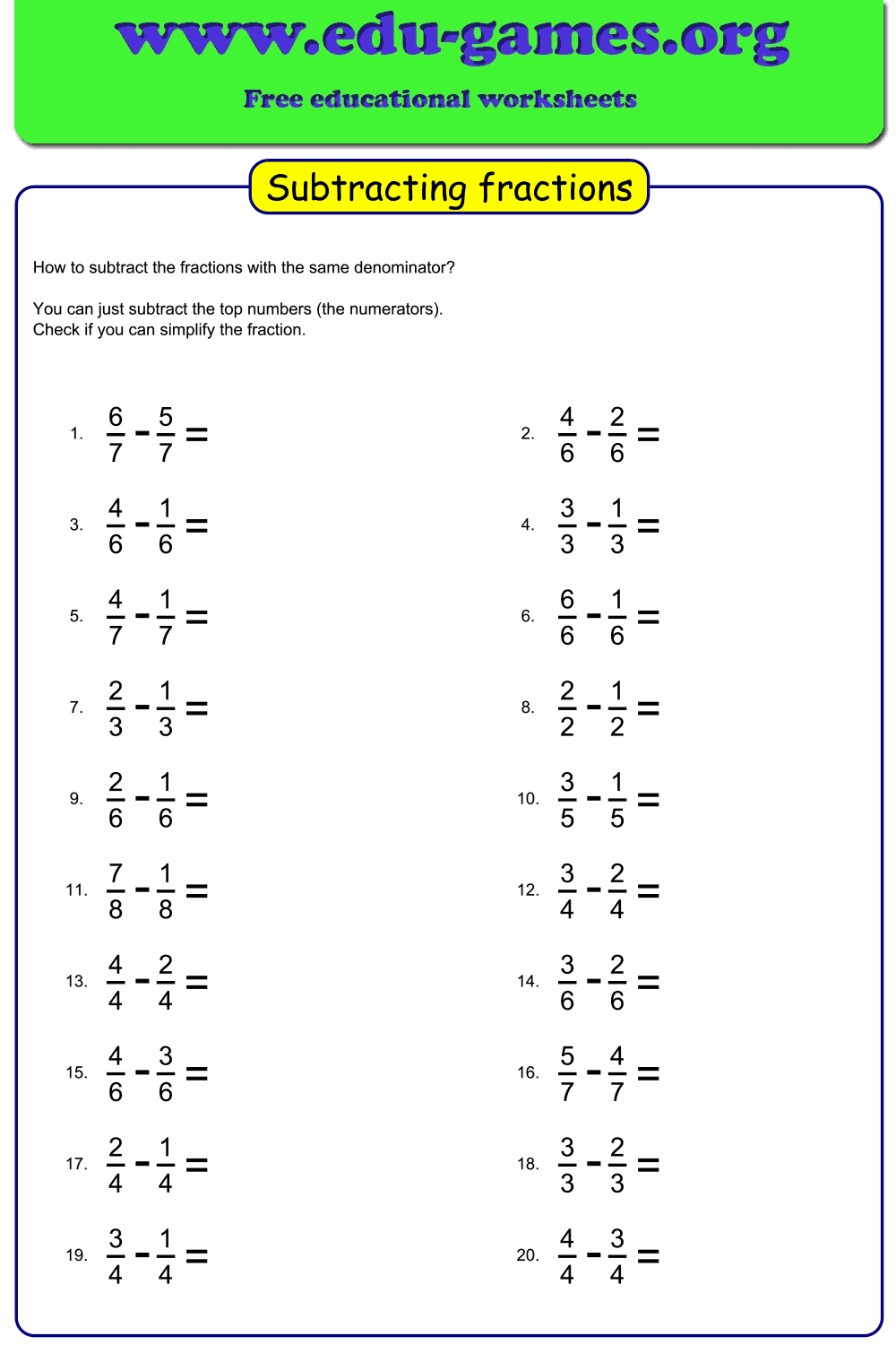 Free Subtracting Fractions Worksheets