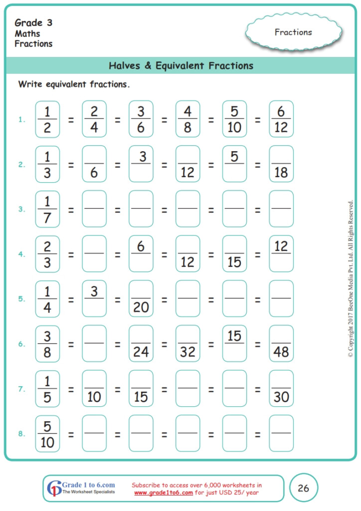 Grade 3 Equivalent Fractions Worksheets www grade1to6