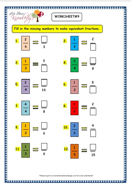 Grade 3 Maths Worksheets 7 5 Equivalent Fractions Lets Share Knowledge