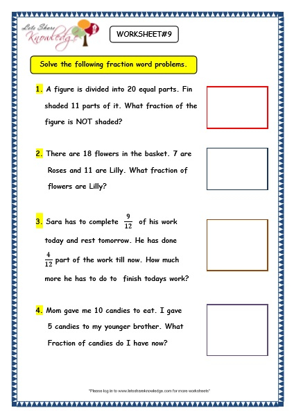 Grade 3 Maths Worksheets 7 9 Fraction Word Problems Lets Share 