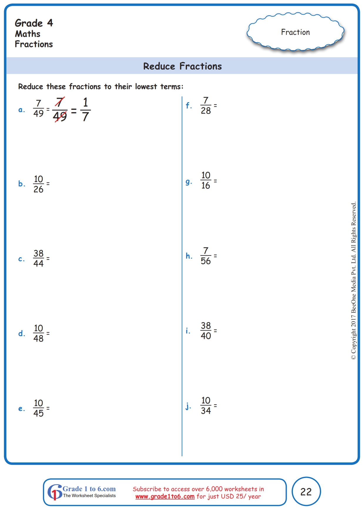 Reducing Fractions Worksheet 4th Grade