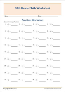 Grade 5 Converting Mixed Numbers To Improper Fractions