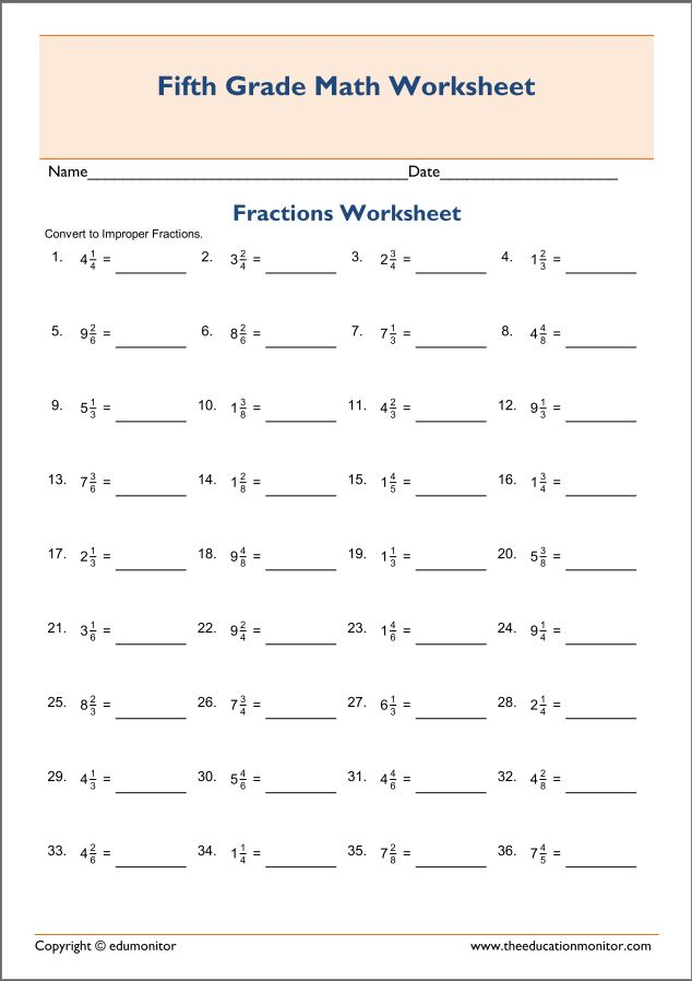 5th Grade Improper Fractions Worksheet