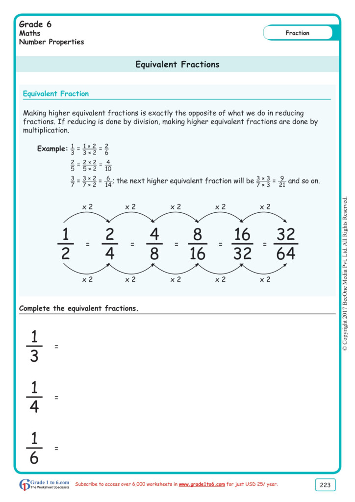 Grade 6 Equivalent Fractions Worksheets www grade1to6