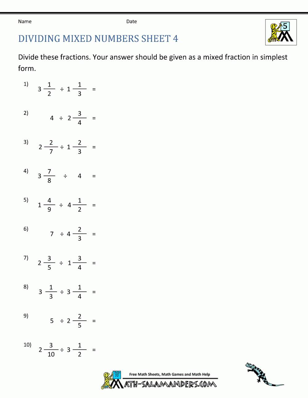 Divide Fractions And Mixed Numbers Worksheet