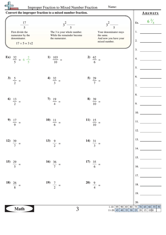 Mixed Numbers To Improper Fractions Worksheets With Answers