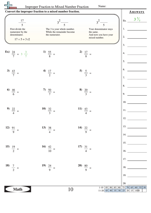 Improper Fraction To Mixed Number Fraction Worksheet With Answer Key 