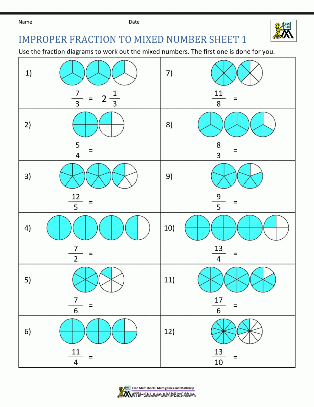 Improper Fractions To Mixed Numbers With Models Worksheet