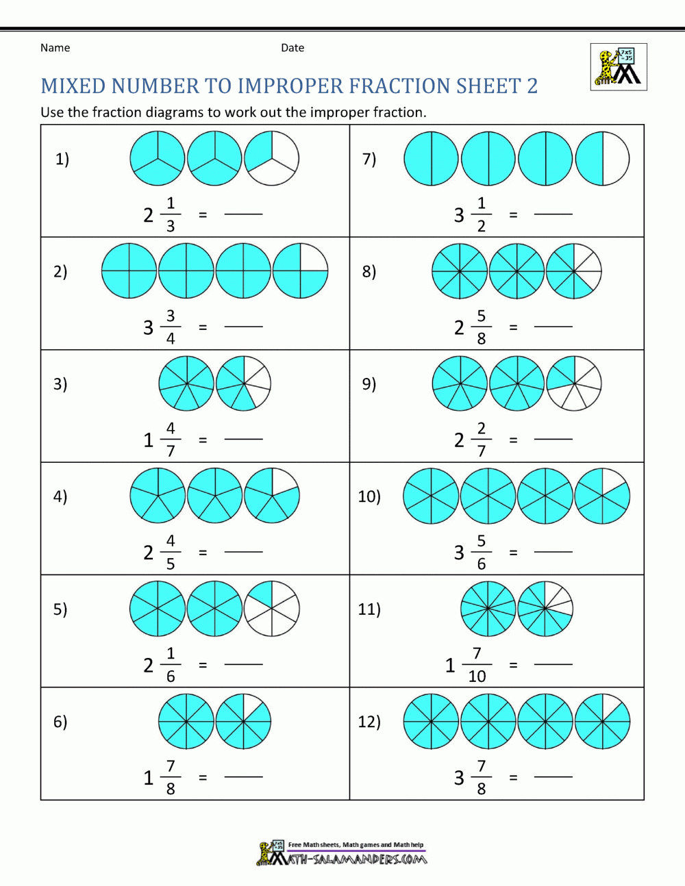 Mixed Number Fraction To Improper Fraction Worksheet