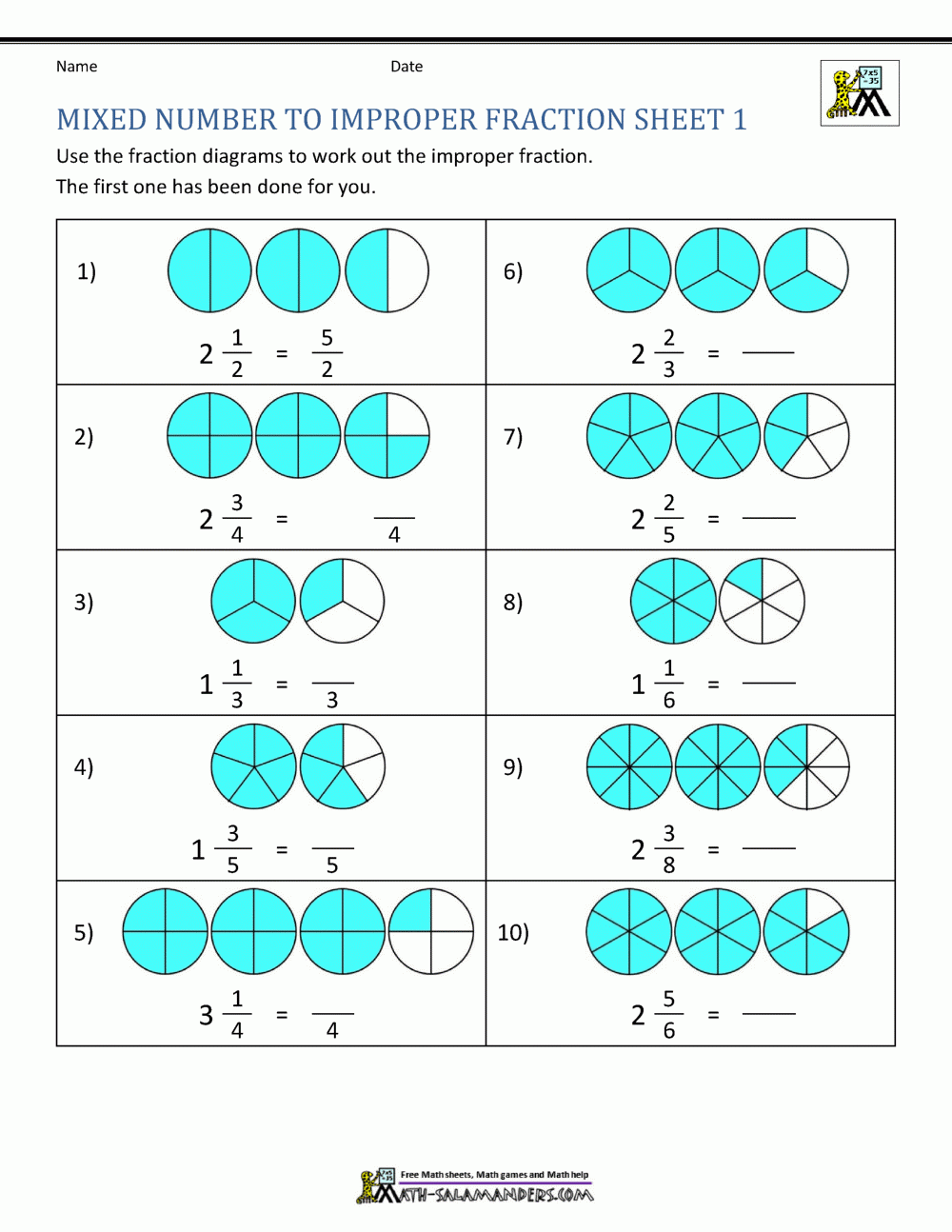 Mixed Numbers To Improper Fractions Worksheet With Pictures