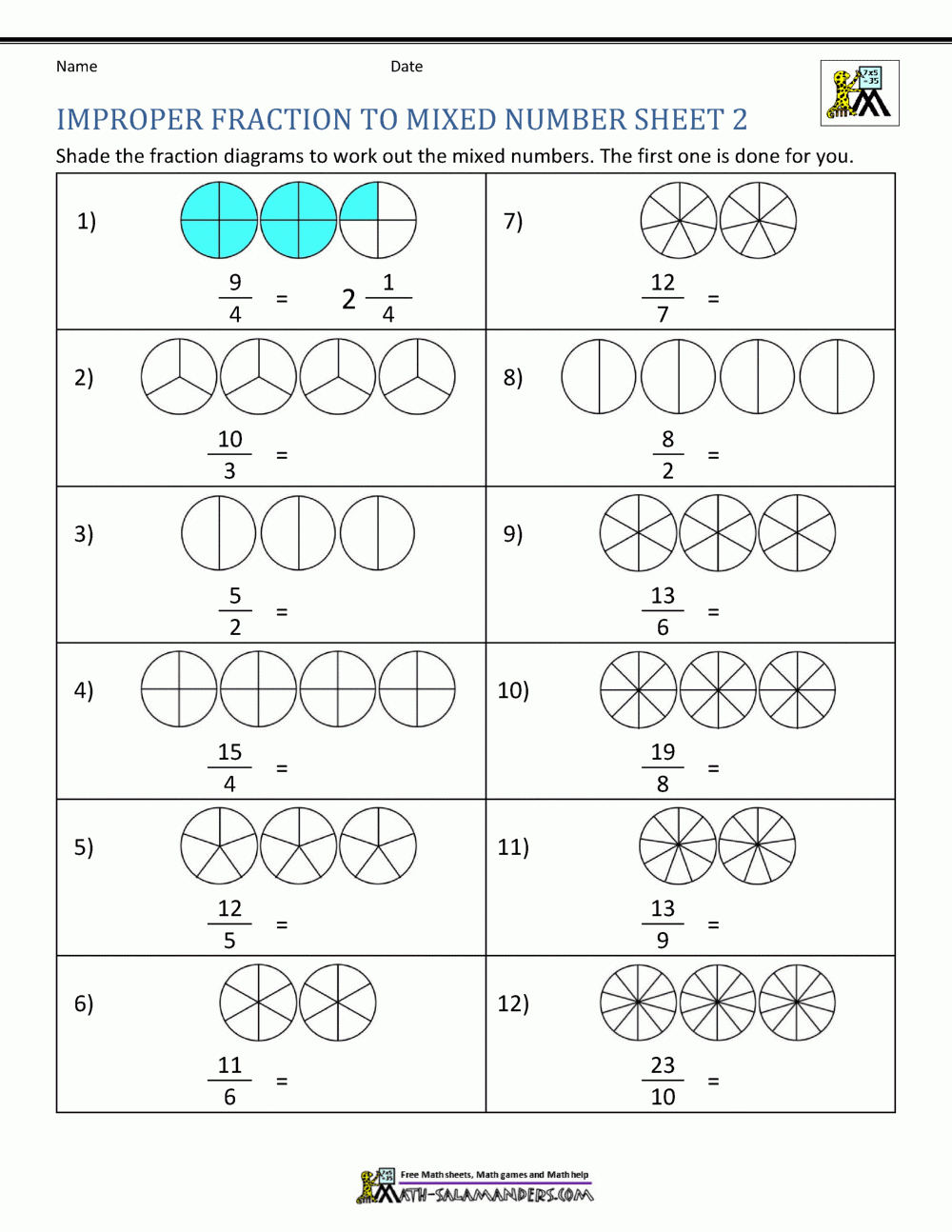 Improper Fractions To Mixed Number Worksheet