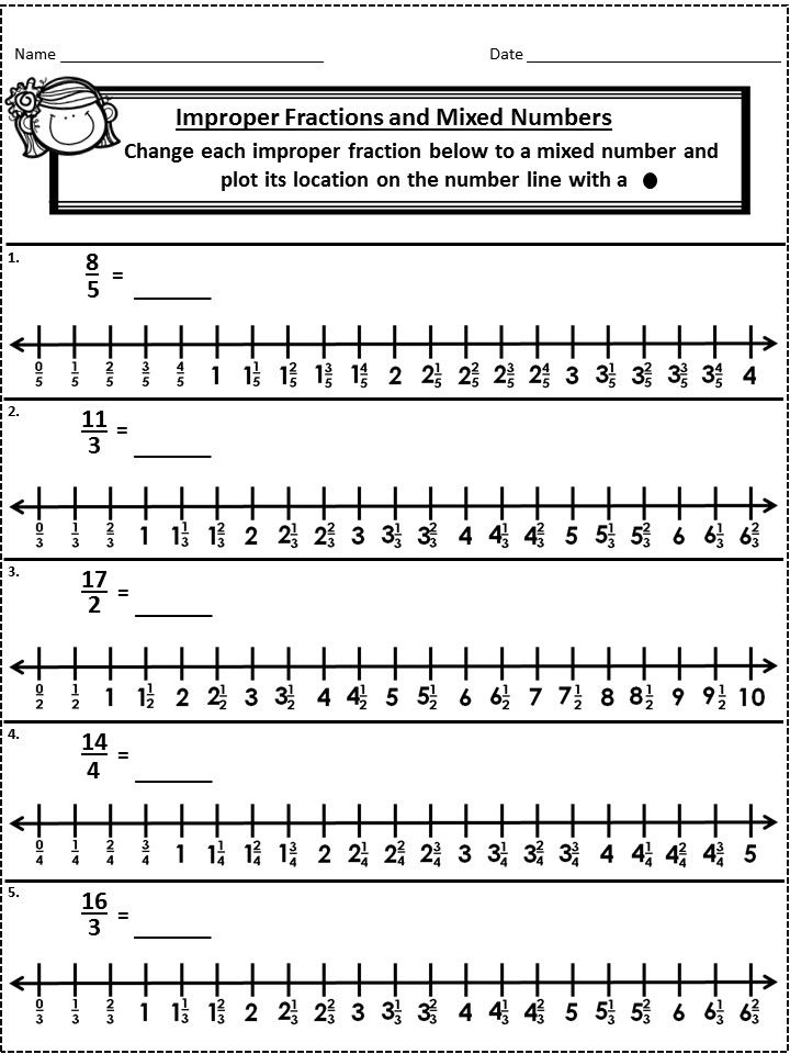 Mixed Numbers And Improper Fractions On A Number Line Worksheet