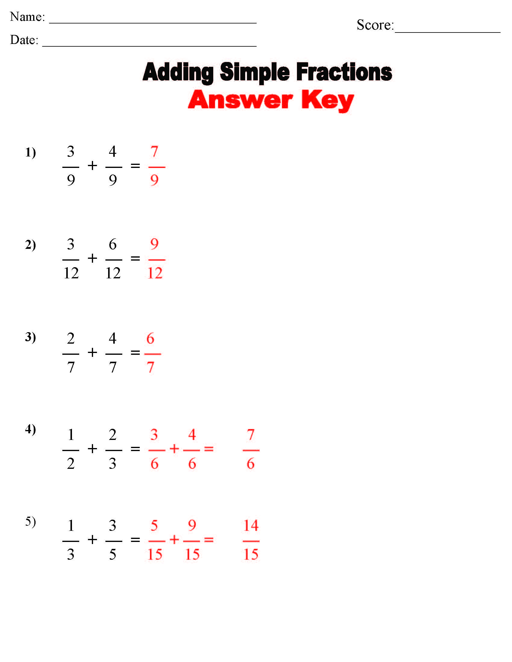 Adding Fractions Worksheet Answer Key