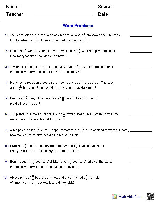 Solving Word Problems With Fractions And Mixed Numbers Worksheet