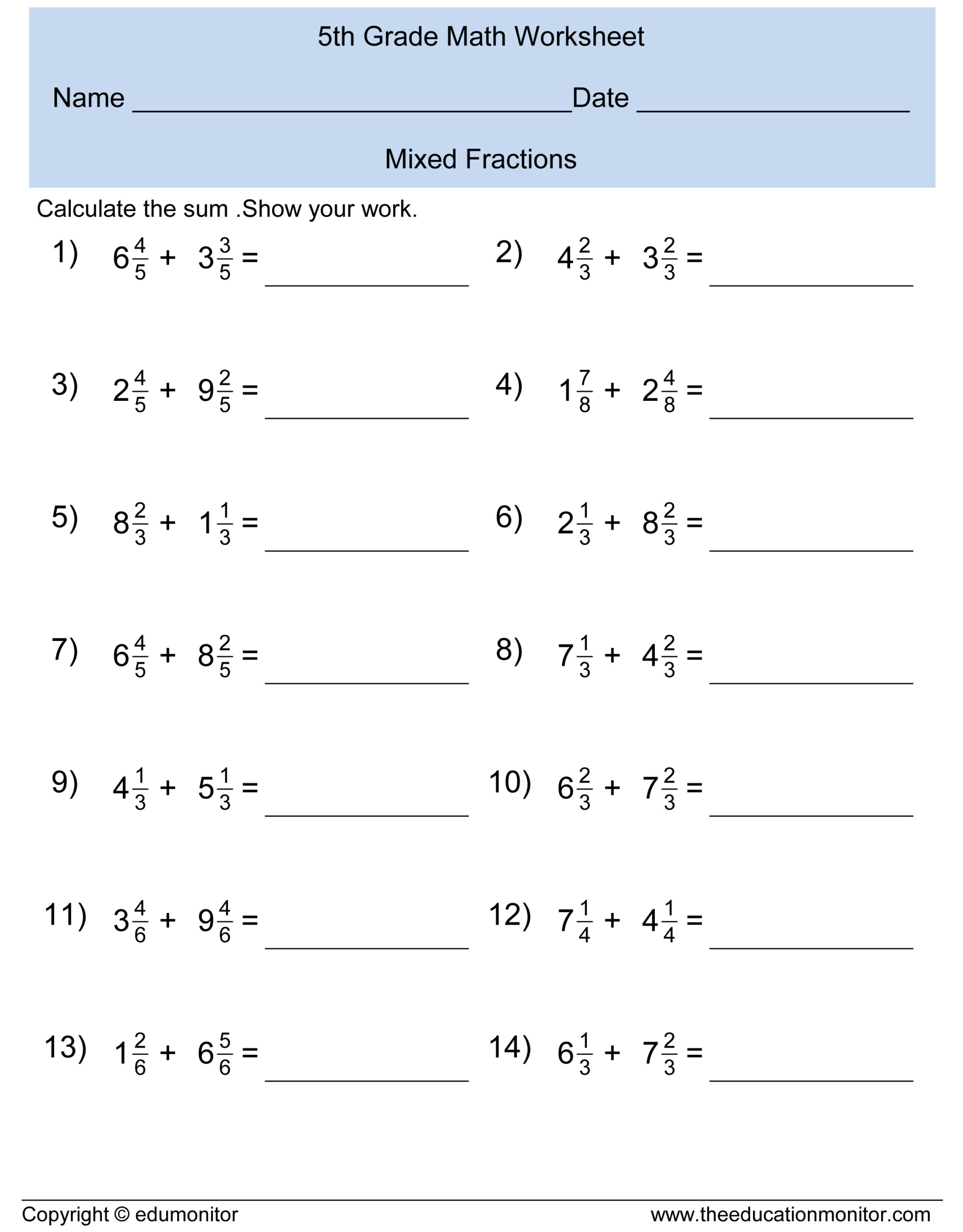 Free Printable Mixed Fraction Worksheets