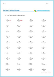 Mixed Fractions To Decimal Free Math Worksheets Fraction To Decimal