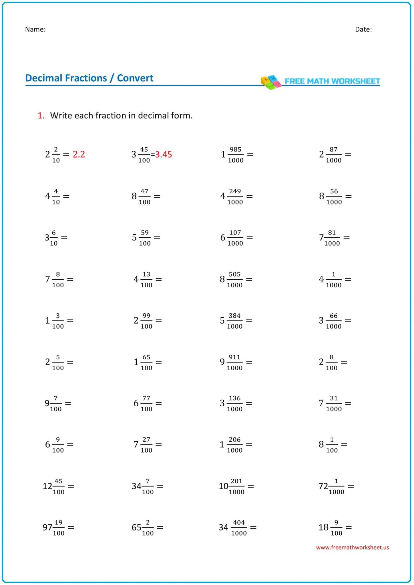 Mixed Fractions To Decimal Free Math Worksheets Fraction To Decimal