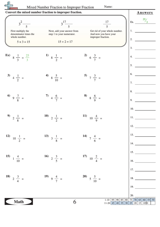 Converting Improper Fractions To Mixed Numbers Worksheet Answer Key