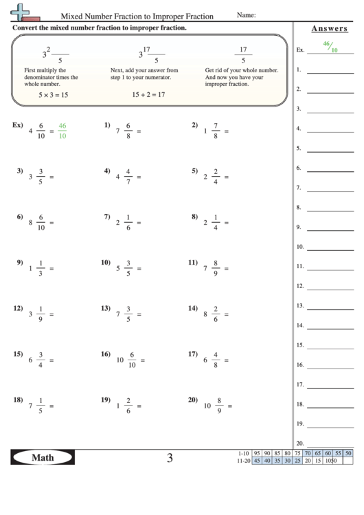 Mixed Number Fraction To Improper Fraction Worksheet With Answer Key 