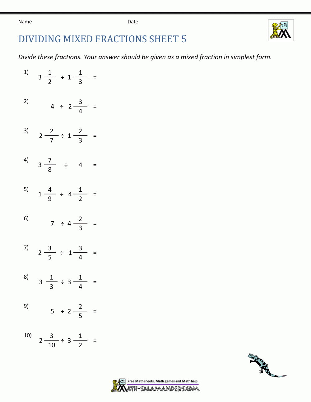 Multiplying And Dividing Fractions And Mixed Numbers Worksheet