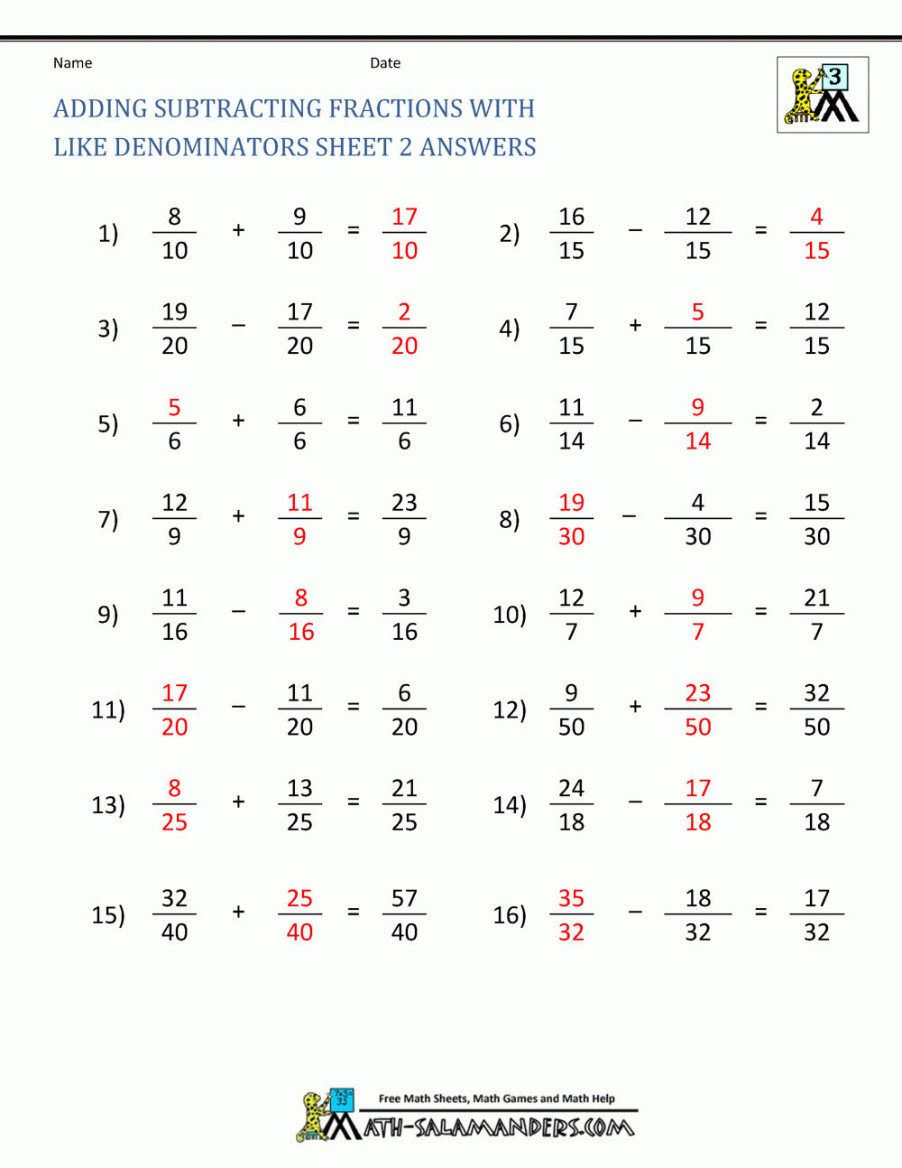 Adding And Subtracting Fractions With Unlike Denominators Worksheets Kuta