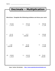 Multiplying Decimals Multiplication With Decimals Worksheets