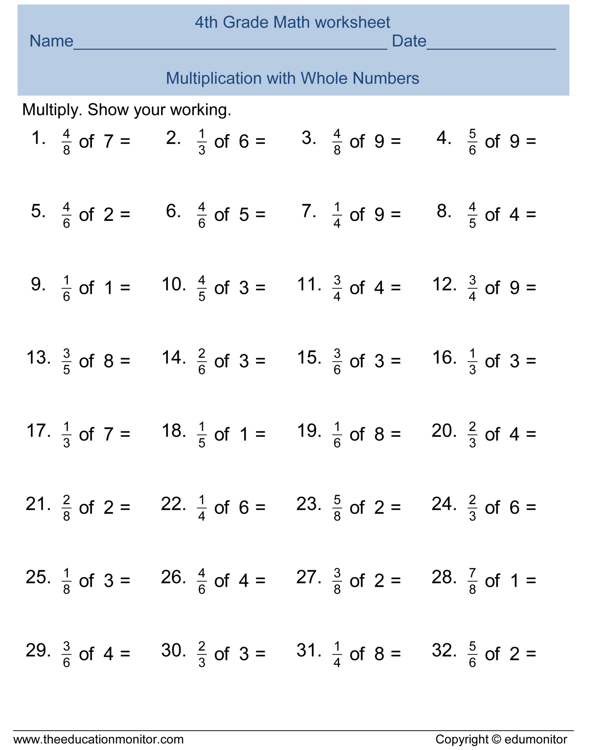 Multiplying Fractions Worksheets 4th Grade