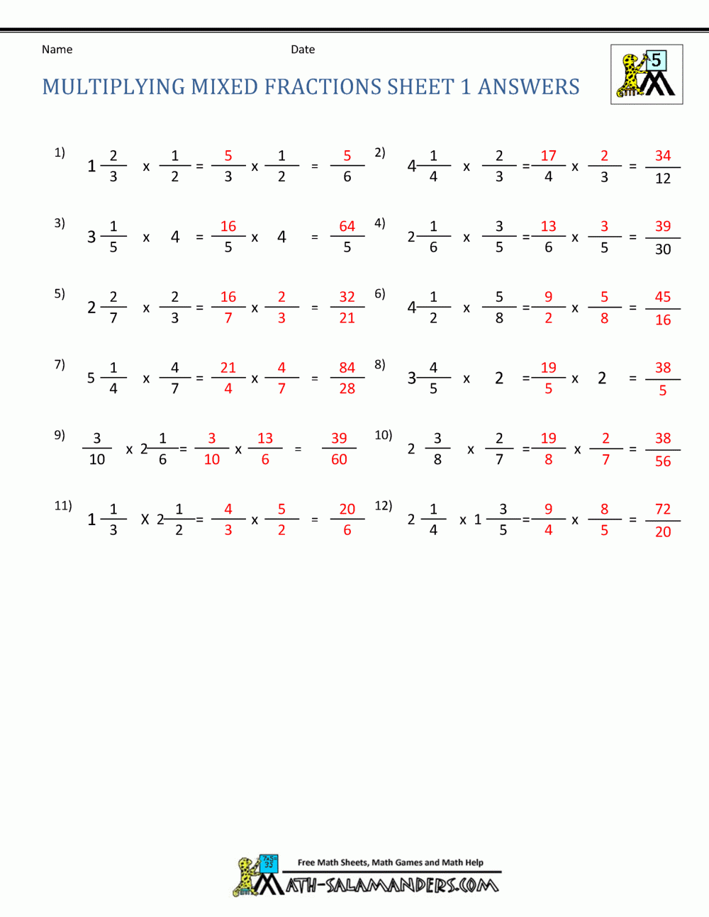 Multiplying Mixed Fractions Worksheet With Answers