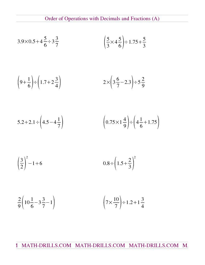 Operations With Decimals And Fractions Worksheet