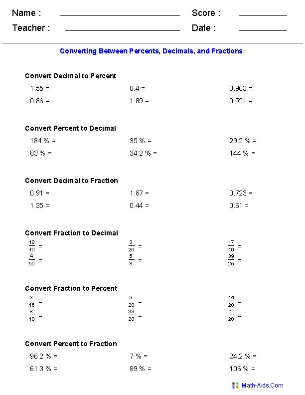 Fraction And Decimal Operations Worksheet