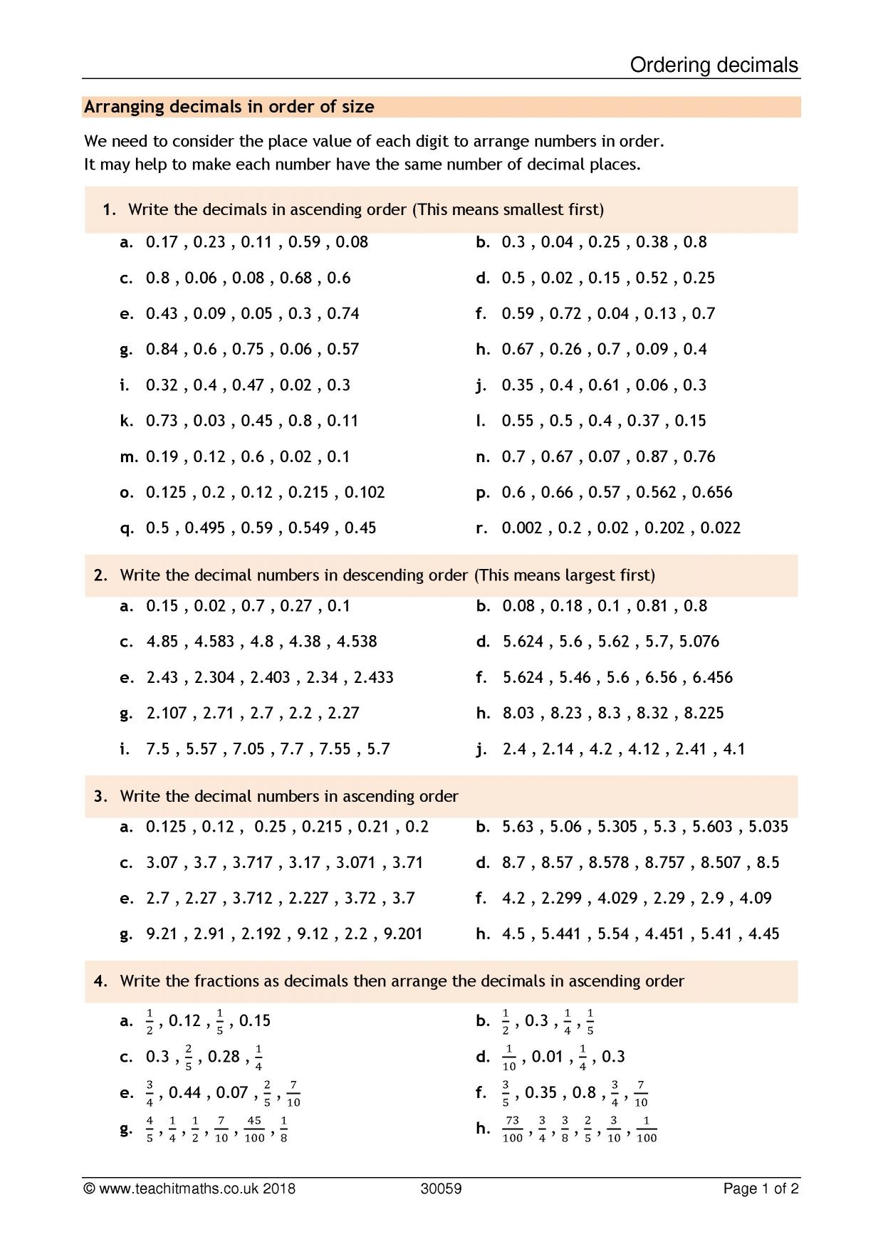 Ordering Fractions And Decimals Worksheet Pdf