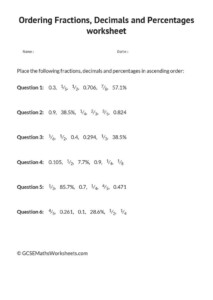 Ordering Fractions Decimals And Percentages Worksheet Fractions