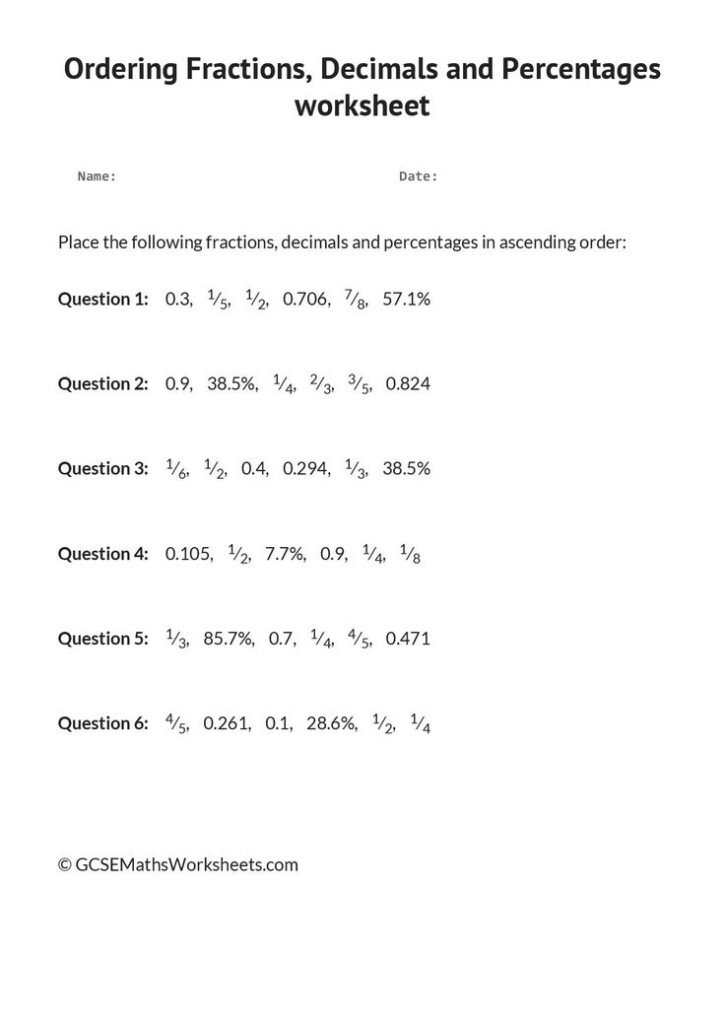 Ordering Fractions Decimals And Percentages Worksheet Fractions 