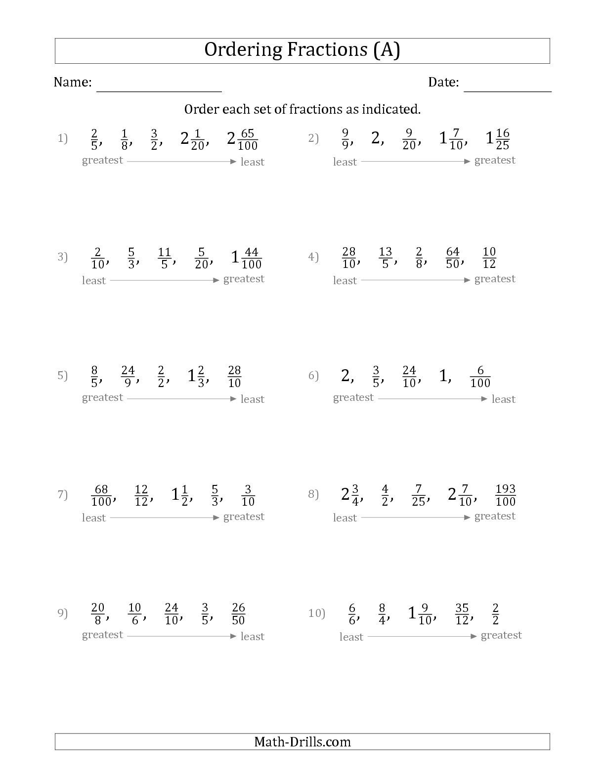 Ordering Mixed Fractions Worksheet