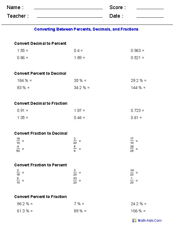 Converting Between Percents Decimals And Fractions Worksheet