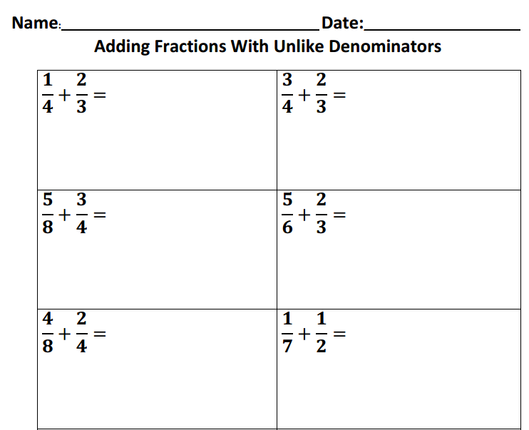 Adding Fractions With Unlike Denominators Vertical Worksheets