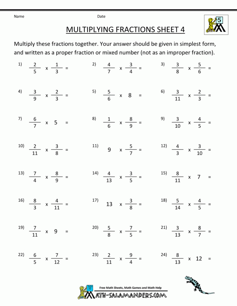 Printable Fraction Worksheets Multiplying Fractions 4 Math 