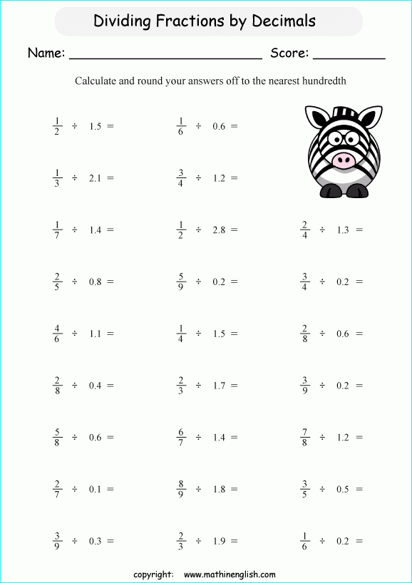 Dividing Fractions Into Decimals Worksheet