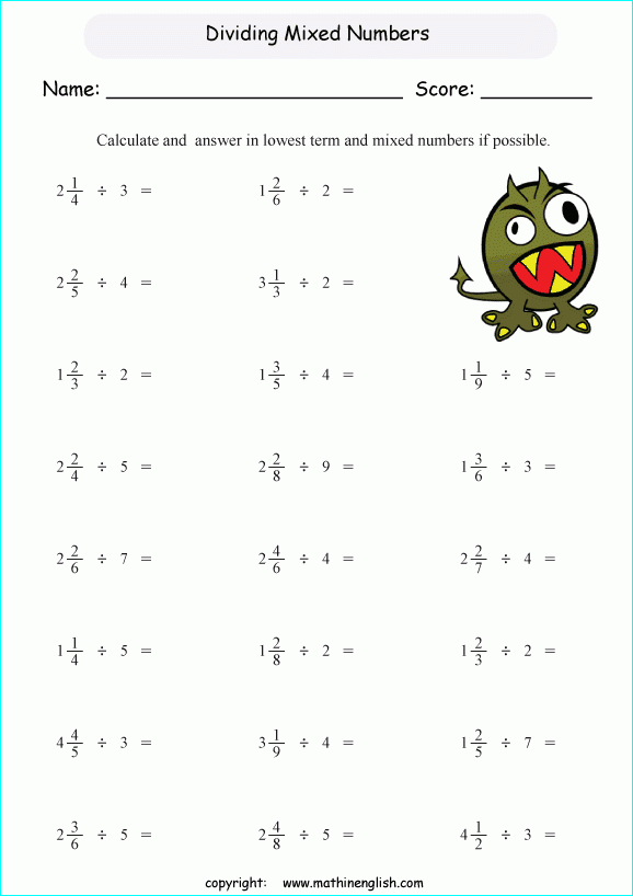 Dividing Fractions With Whole Numbers And Mixed Numbers Worksheets